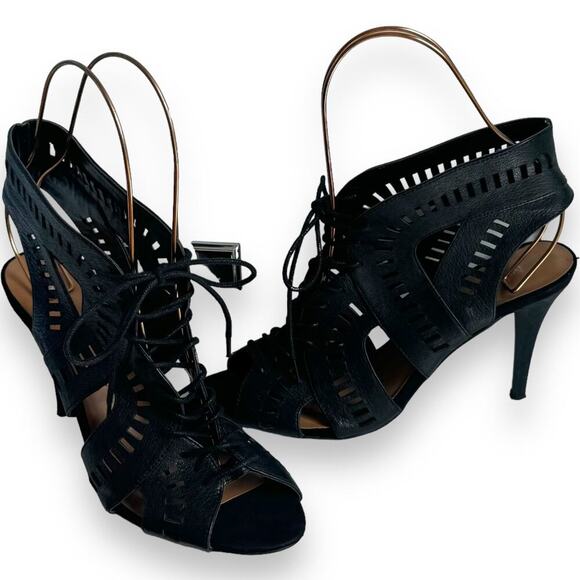 Nine West Black Leather Open Toe Lace Up Heels Ankle Bootie Women’s Size 8 - Picture 3 of 9